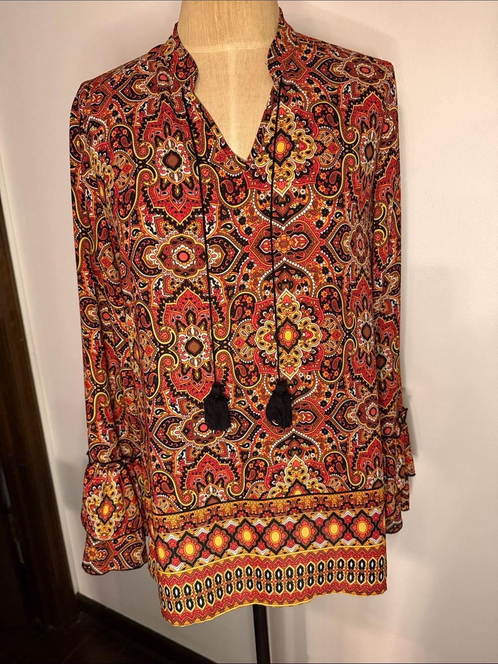 Tassel V-Neck Boho Tunic in Red Paisley